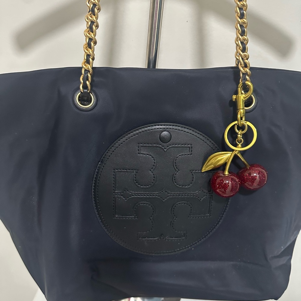 Tory Burch Black Ella Tote Bag with Gold Accents